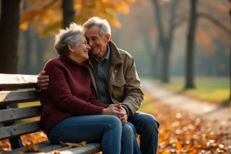 Couple de longue date complice en automne dans un parc, assis sur un banc en bois partagent un moment de rire intime