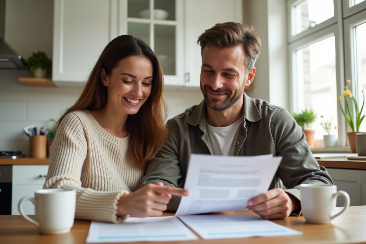 Couple examinant les documents de demande de congé parental à la table de cuisine