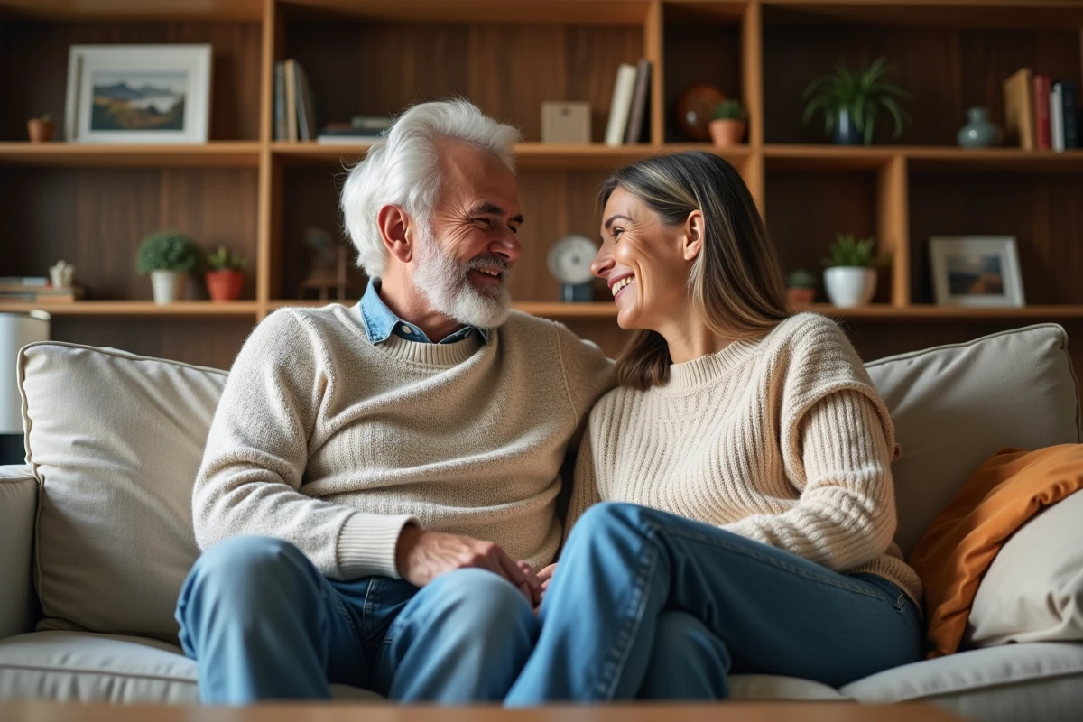 Couple français riant sur un sofa à la maison