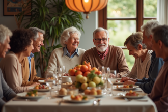 Couple agee souriant autour d une table familiale