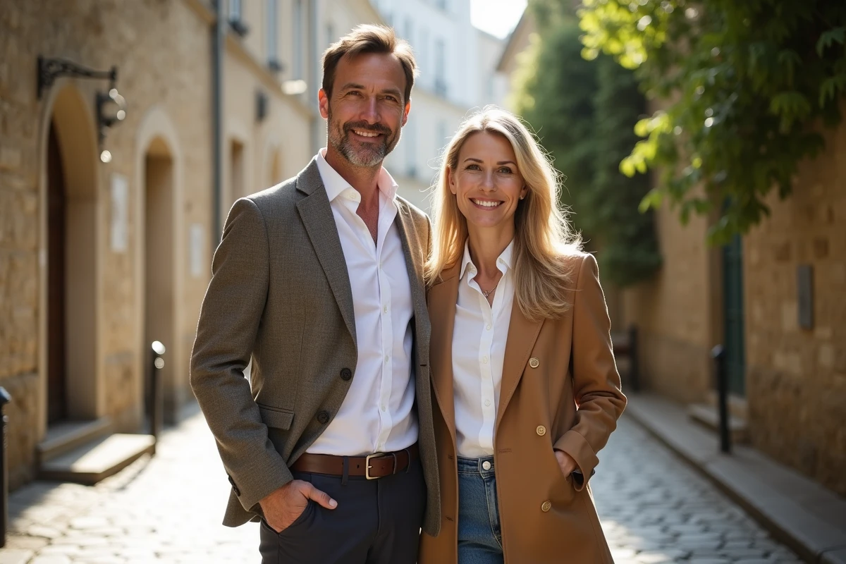 Couple élégant souriant dans une rue pavée française, représentant une nouvelle relation amoureuse épanouie