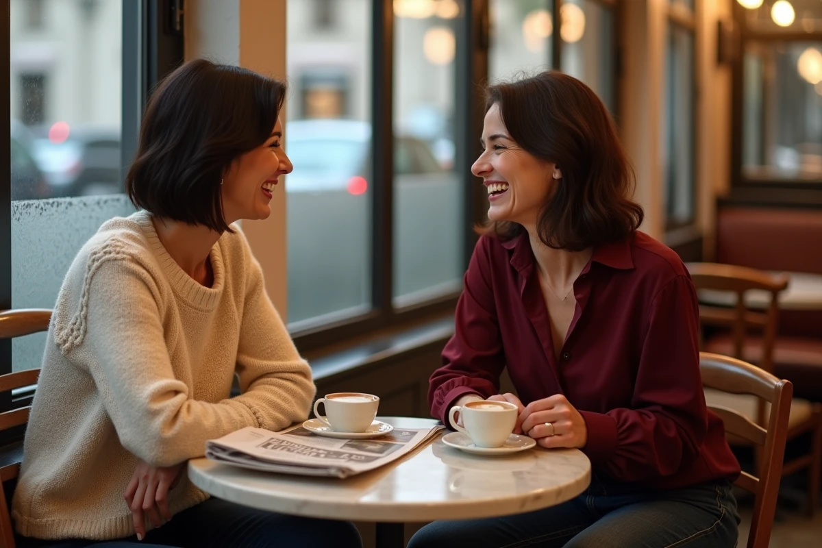 Deux femmes partagent un moment complice autour d'un café dans une brasserie parisienne, dans une ambiance intime et détendue