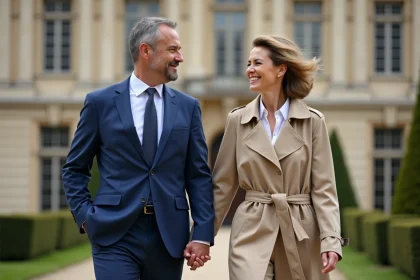 Homme en costume bleu et femme en trench chic marche devant un bâtiment