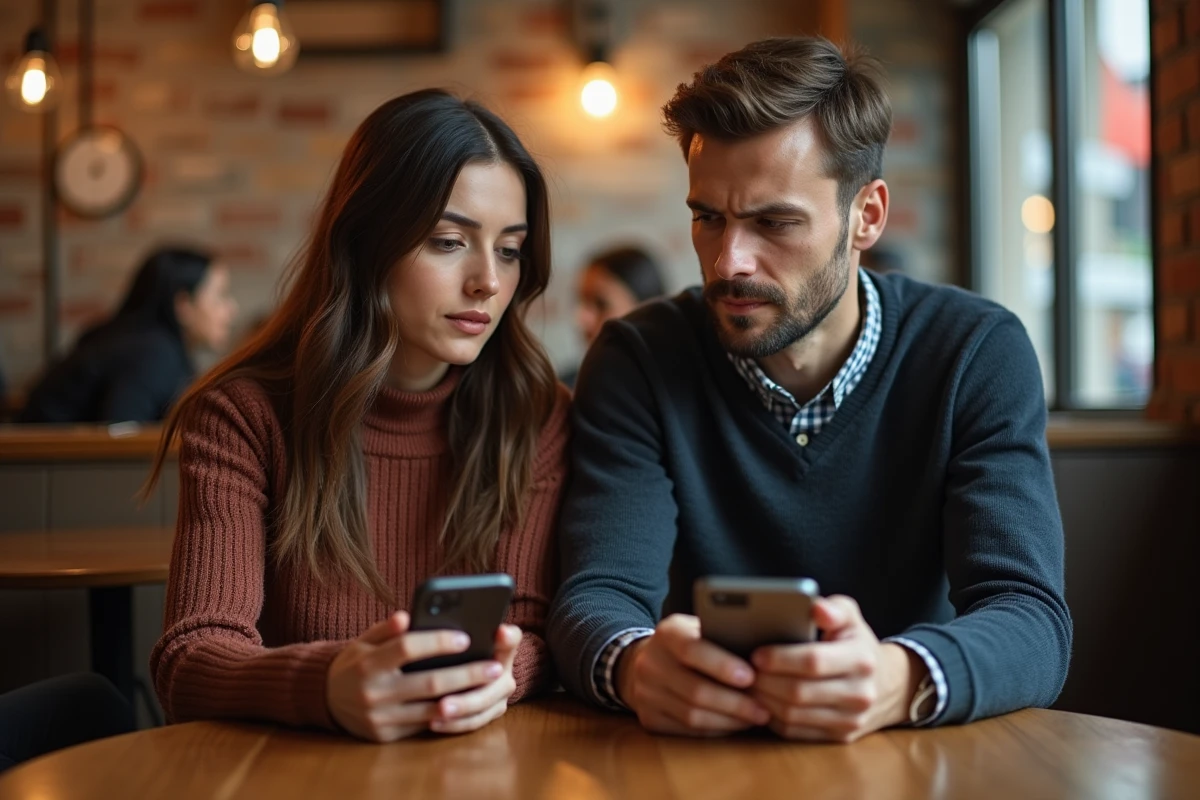 Couple discret dans un café consultant leurs smartphones avec une attitude méfiante, illustrant la gestion des réseaux sociaux dans une relation secrète