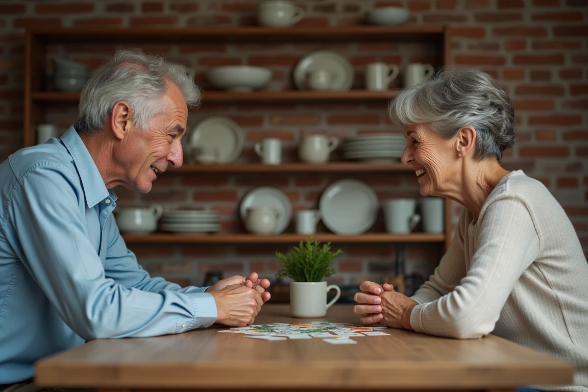 Couple mature jouant à un jeu de questions à la maison autour d'une table de cuisine rustique, ravivant leur complicité