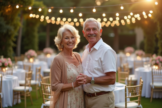 Couple de cinquantenaires souriant lors d'une fête en plein air