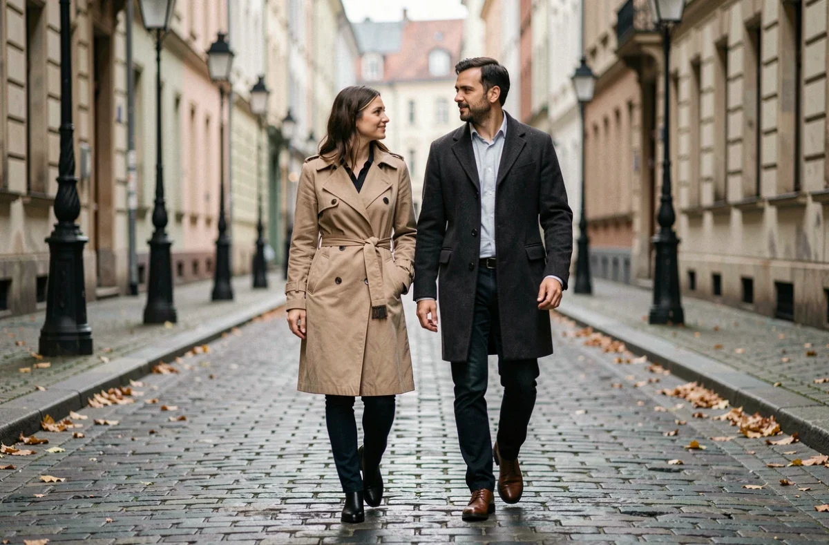 Couple moderne marchant dans une rue pavée européenne, illustrant la discrétion et la vie privée assumée