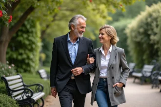 Couple français dans un parc parisien en promenade