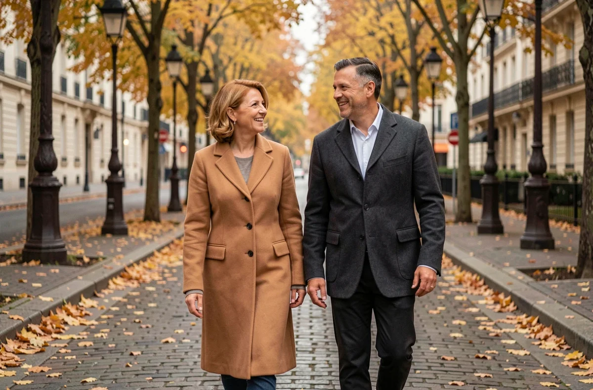 Couple élégant se promenant sur un boulevard parisien en automne, évoquant la vie amoureuse et conjugale d'une personnalité publique française