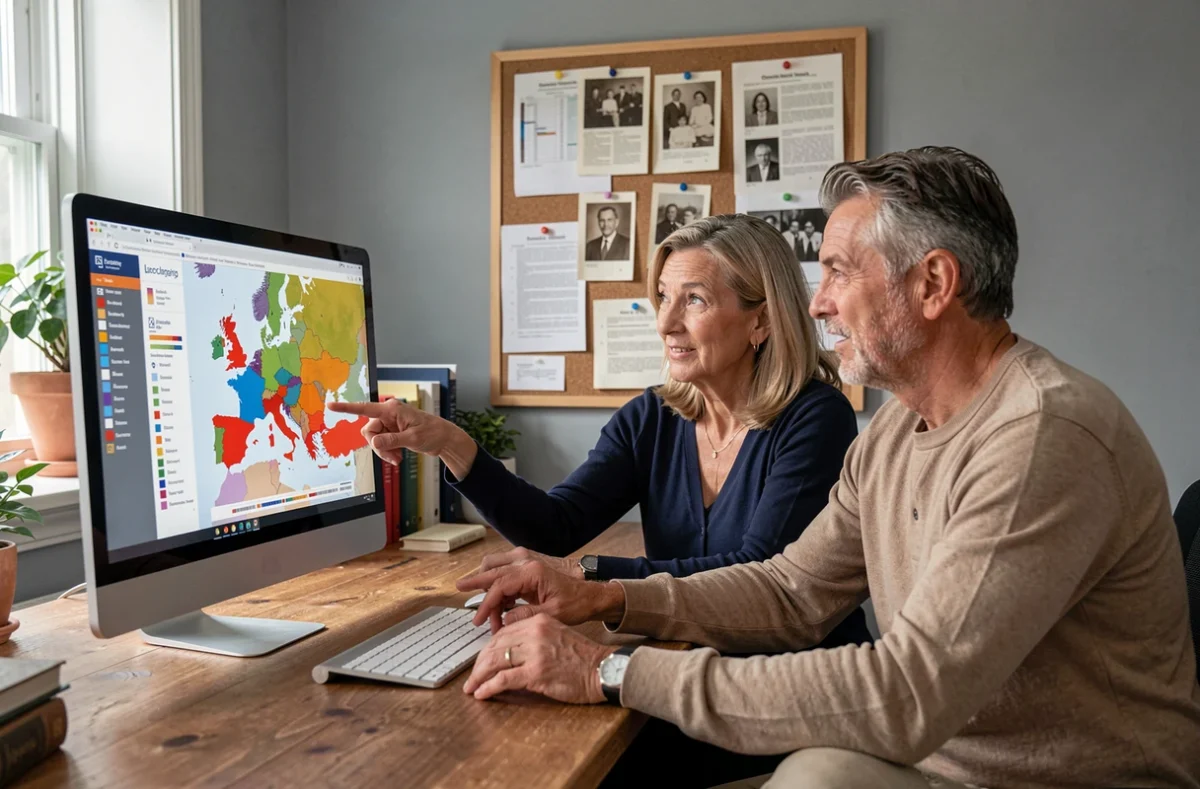 Couple découvrant les résultats d'un test ADN généalogique sur une carte d'Europe affichée sur ordinateur