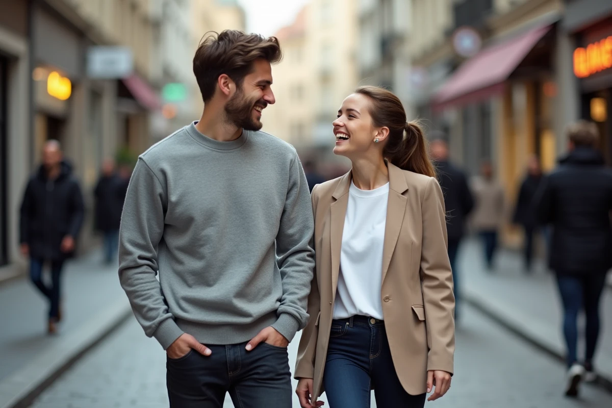 Couple de jeunes adultes marchant et riant dans une rue pavée européenne, style paparazzi candide en ville