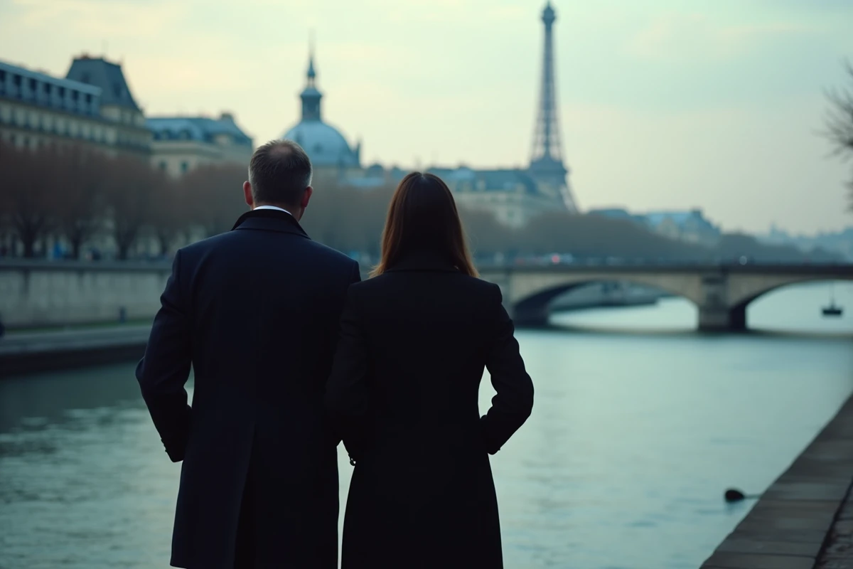 Couple marchant en silhouette le long des quais de Seine à Paris, illustrant la vie privée préservée d'une personnalité