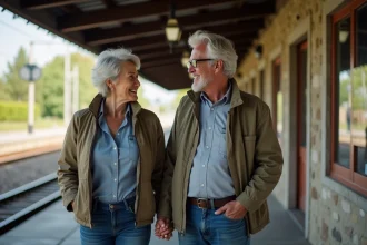 Homme et femme souriants sur une plateforme rurale