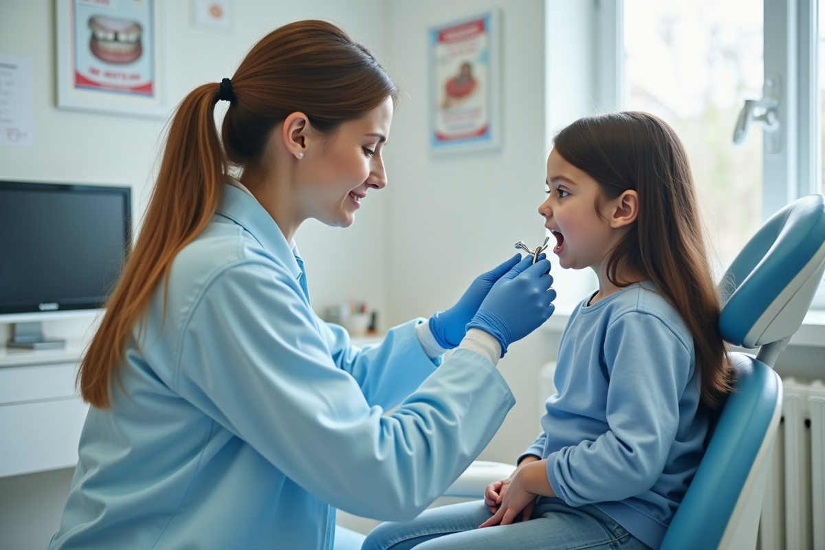 Dentiste pédiatrique vérifiant la bouche d