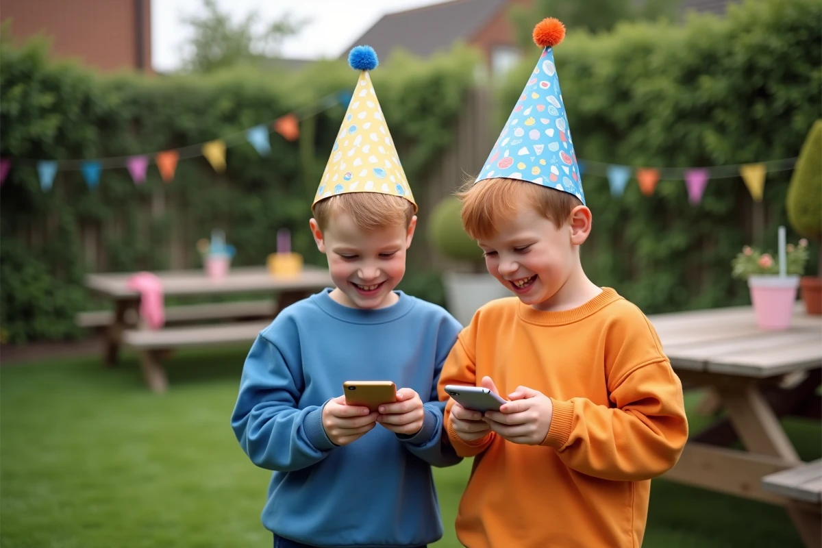 Deux garçons de 8 ans avec des chapeaux d'anniversaire regardant un message sur un téléphone dans un jardin