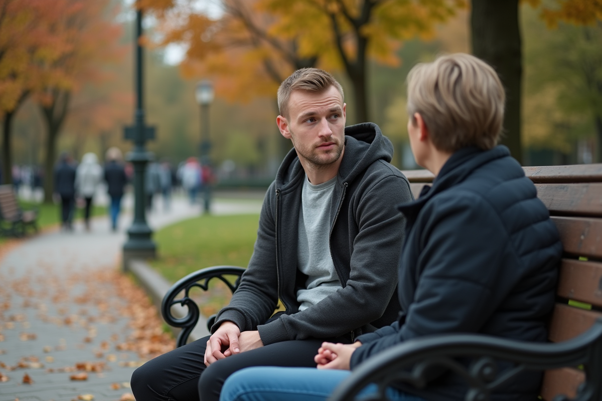Jeune homme parlant avec une psychologue dans un parc en automne
