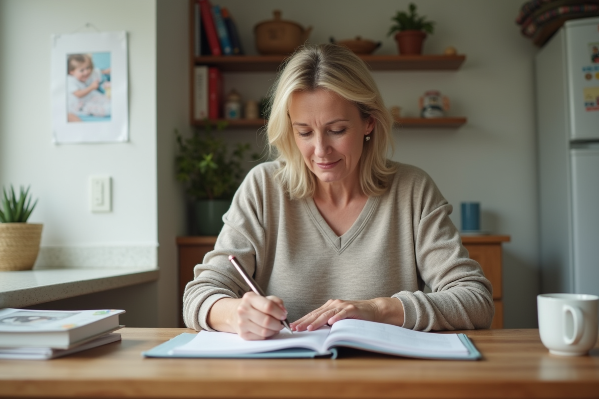 Doula femme écrivant dans un planner à la maison