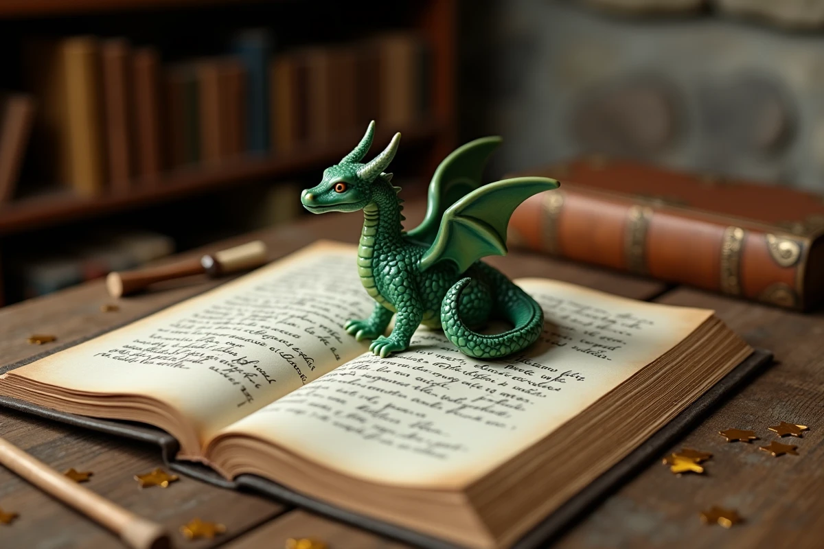 Figurine de dragon en céramique posée sur un livre de contes ouvert avec des devinettes illustrées et une baguette magique en bois