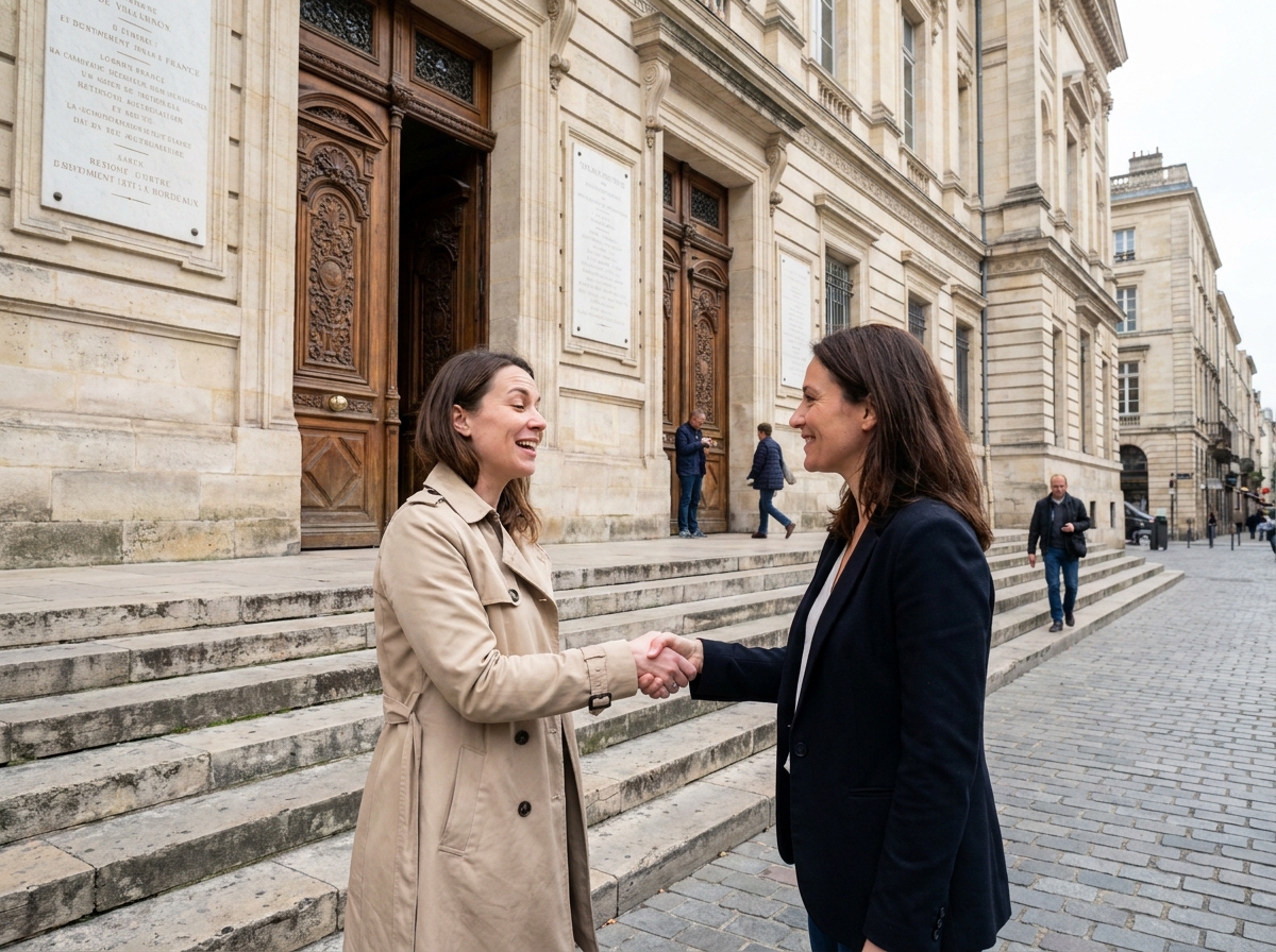 Femme et avocate se serrant la main devant le palais de justice