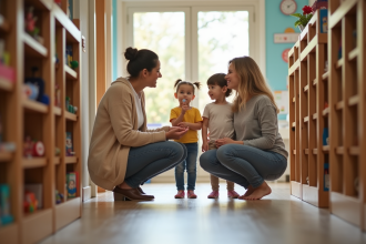 Educatrice avec enfants et parents dans une entrée de crèche