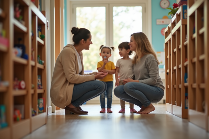 Educatrice avec enfants et parents dans une entrée de crèche