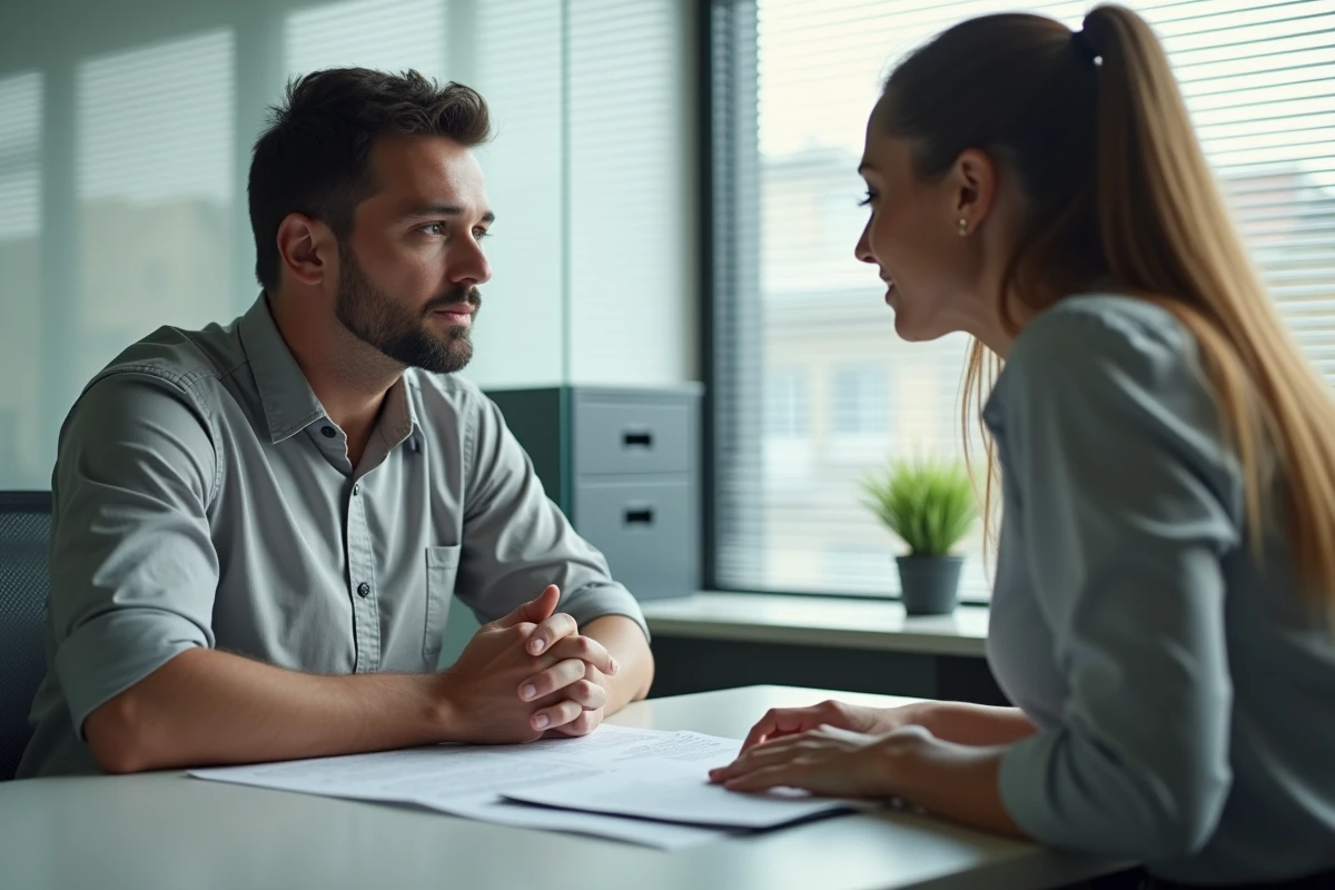 Employé de crèche en entretien avec une responsable RH pour discuter de ses primes et indemnités salariales