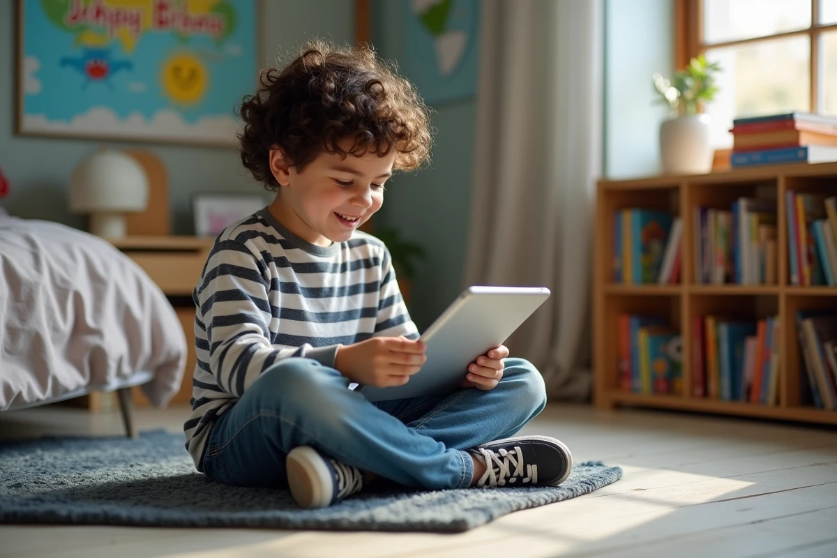Enfant de 8 ans assis sur le sol de sa chambre en train d'écrire un message d'anniversaire sur une tablette