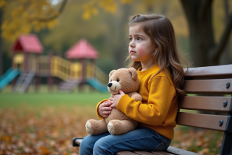 Fille de 8 ans assise seule sur un banc en automne