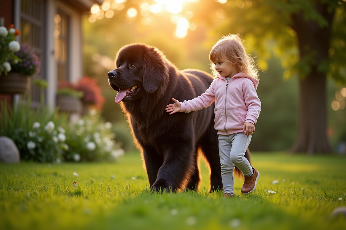 Fille caressant un chien Newfoundland dans le jardin en matinée