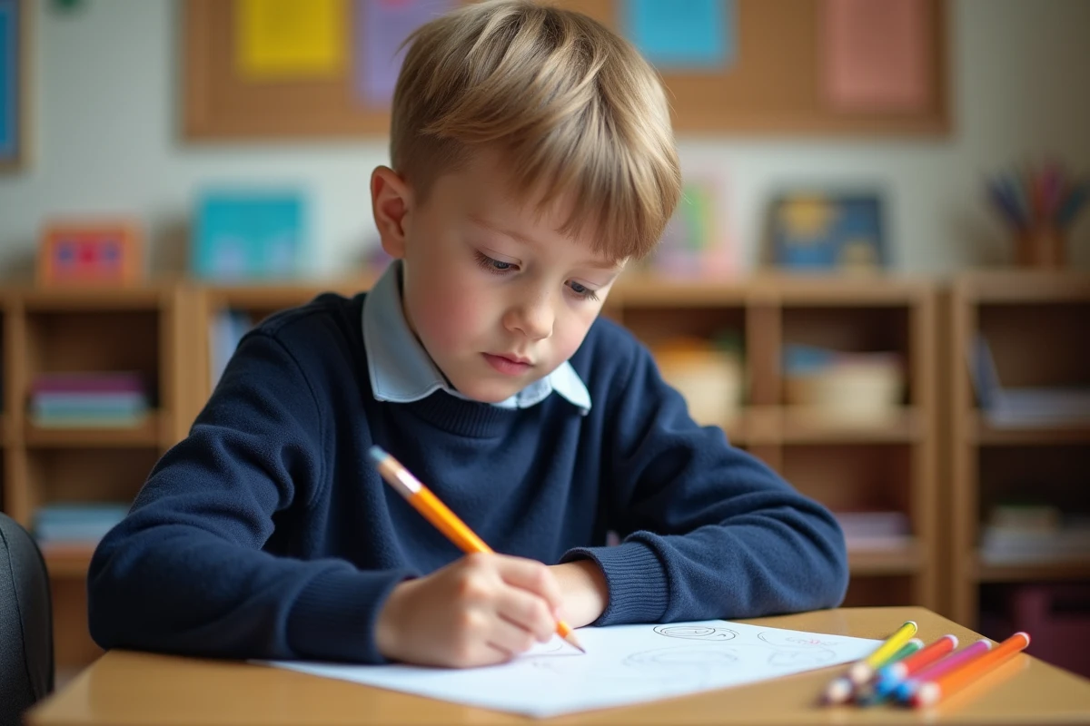 Enfant concentré sur un dessin dans une salle de classe d'école spécialisée pour troubles du comportement