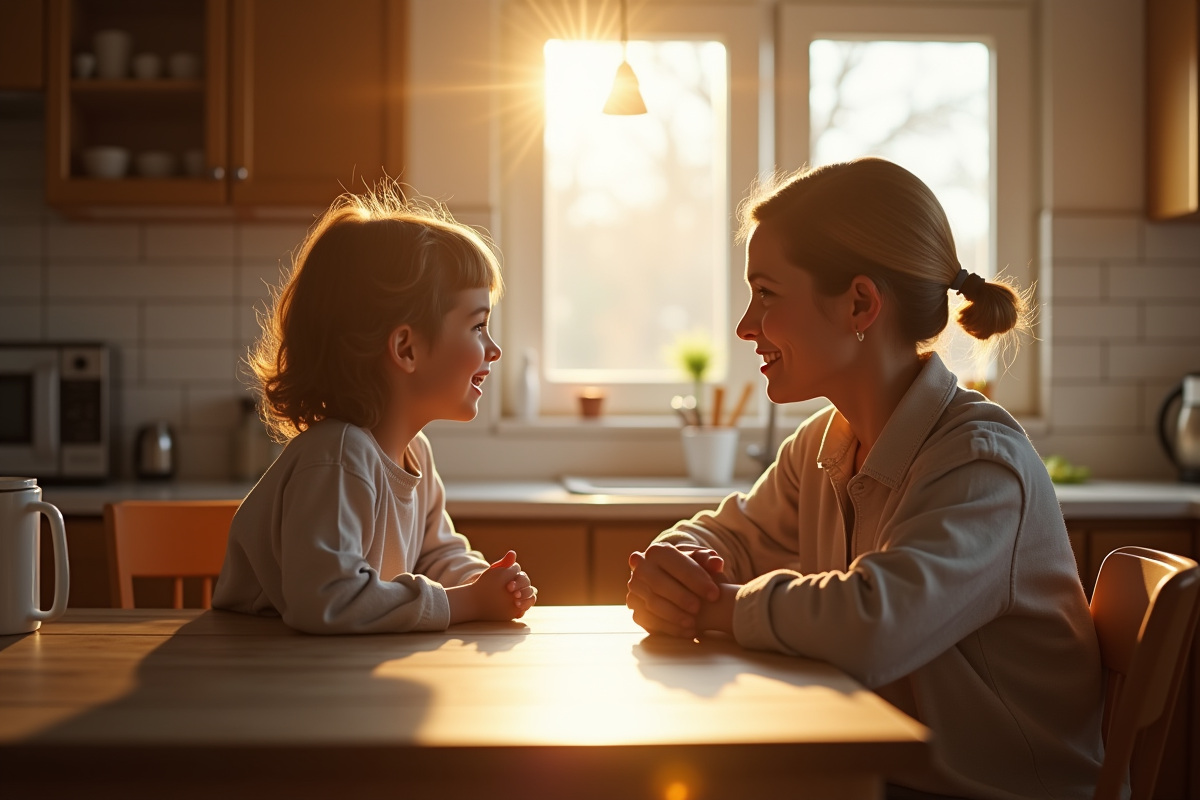 Enfant vulnérable avec adulte attentif dans la cuisine