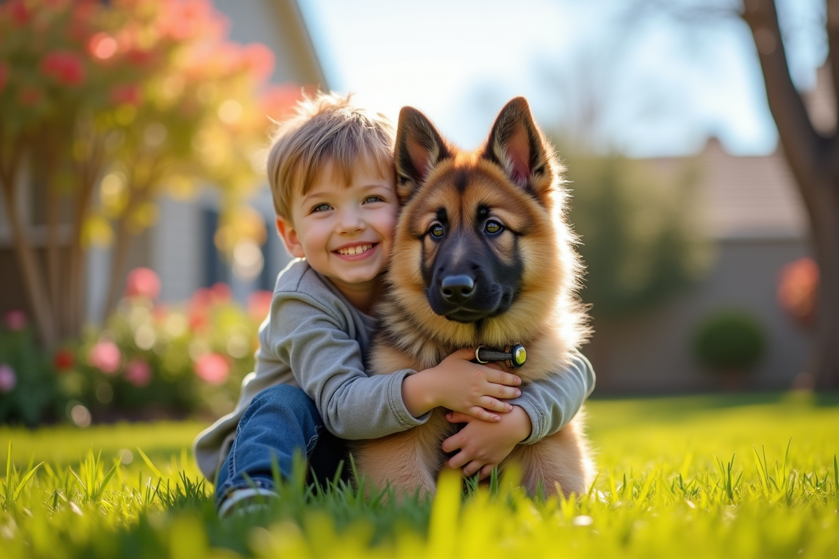 Enfant embrassant un chiot berger allemand en jardin ensoleille