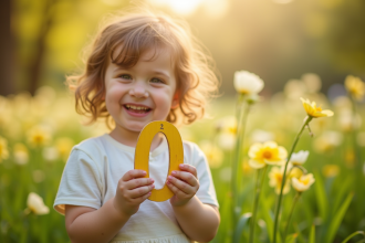 Jeune enfant souriant tenant une lettre O en bois dans un parc ensoleille