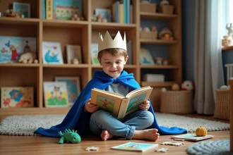 Jeune garçon déguisé en prince avec une couronne en papier feuilletant un livre de contes entouré de jouets dragons
