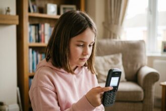 Jeune fille tenant un téléphone basique sans internet dans un salon familial