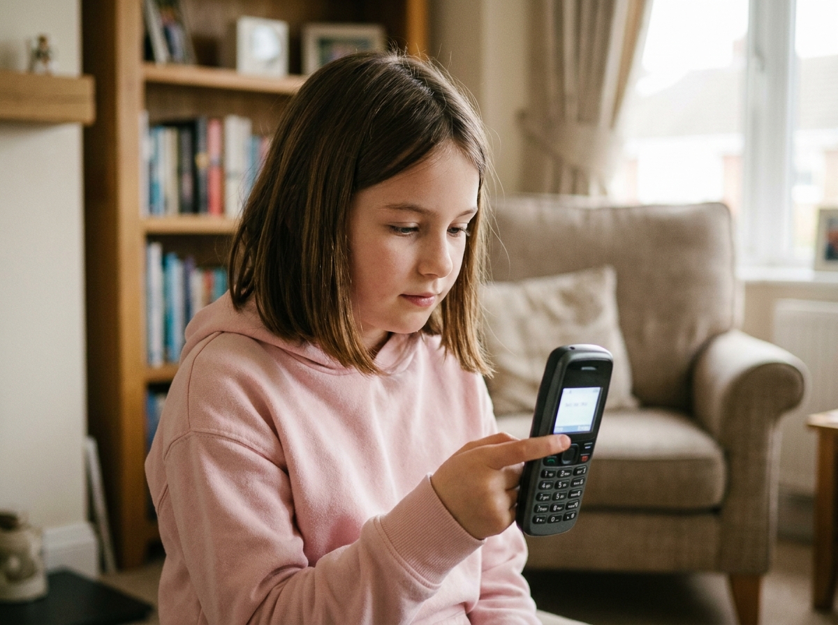 Jeune fille tenant un téléphone basique sans internet dans un salon familial