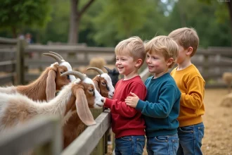 Enfants petant des chevres dans une ferme en plein air