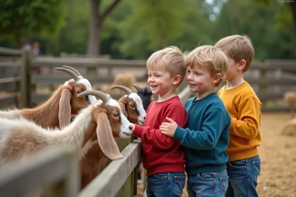 Enfants petant des chevres dans une ferme en plein air