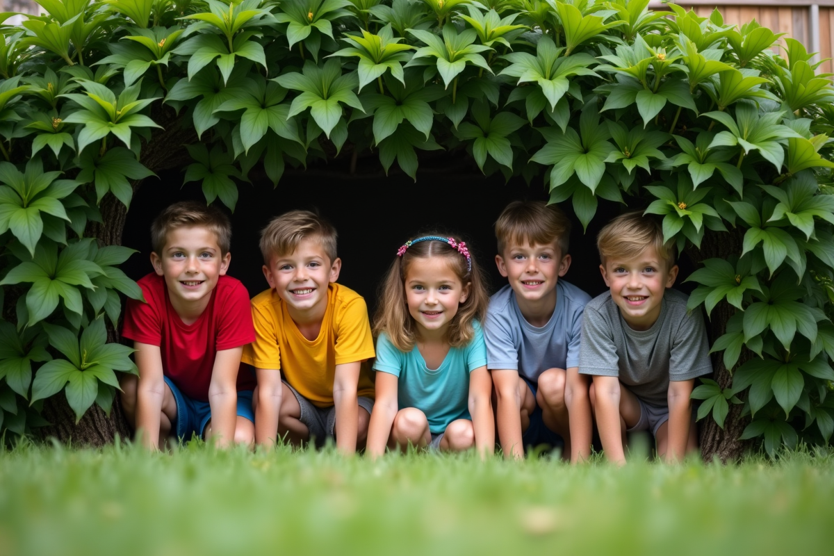 Groupe d'enfants jouant à cache-cache dans un jardin verdoyant
