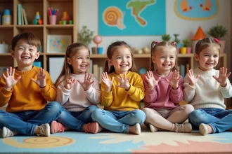 Groupe d'enfants souriants mimant la chanson Petit escargot