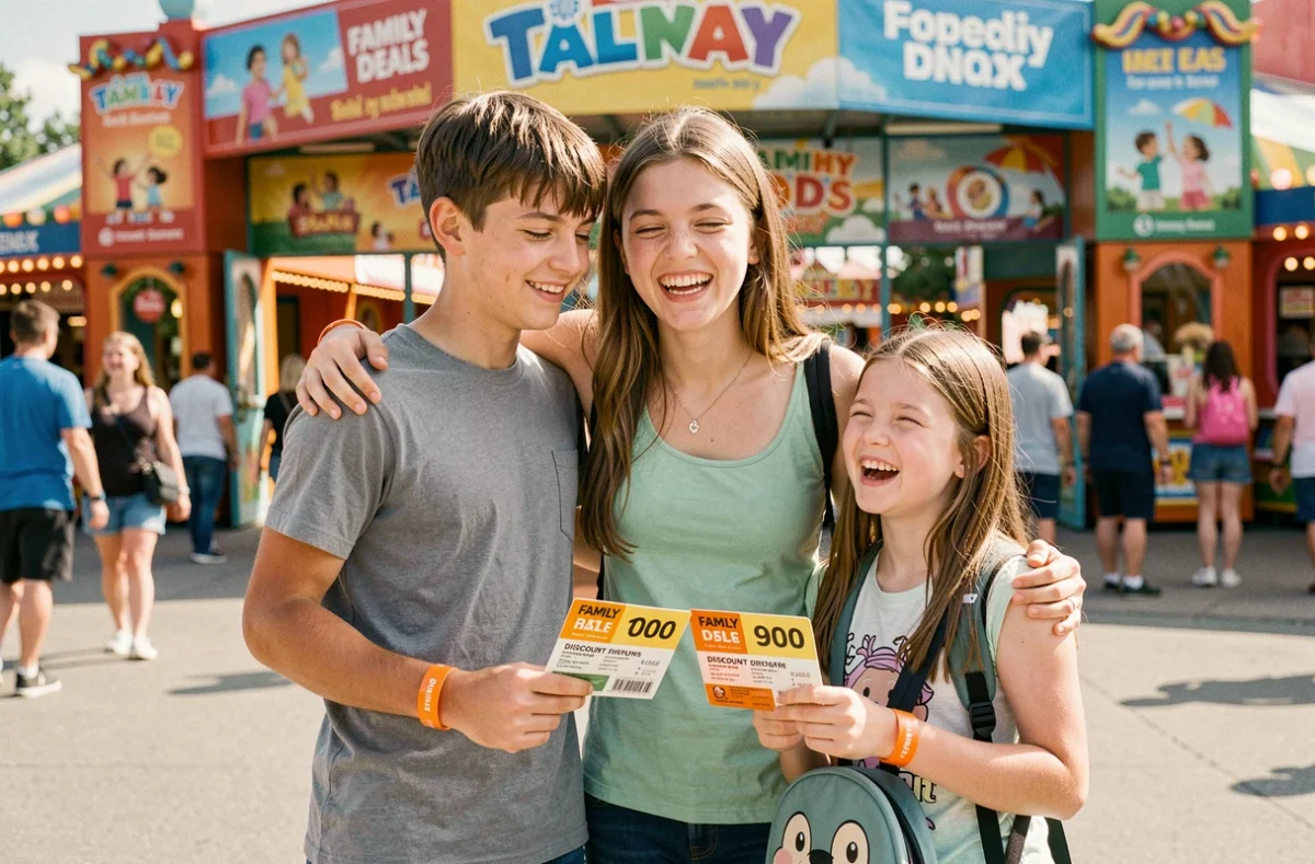 Enfants d'une famille recomposée heureux à l'entrée d'un parc d'attractions avec des billets promotionnels familiaux