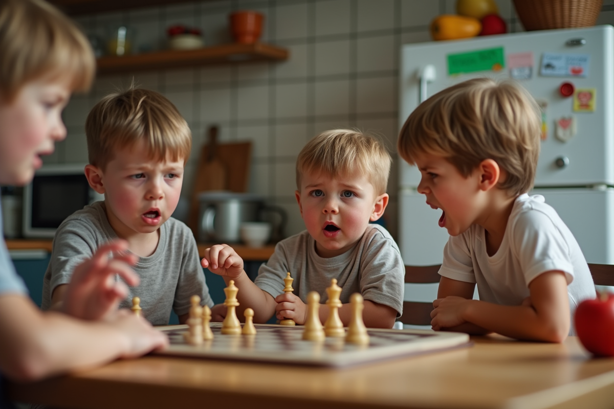 Trois enfants jouent à un jeu de société à la cuisine
