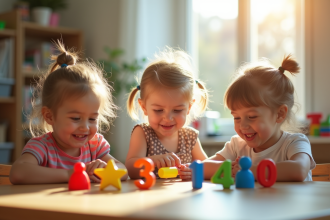 Trois enfants souriants jouant avec des jouets mathématiques éducatifs