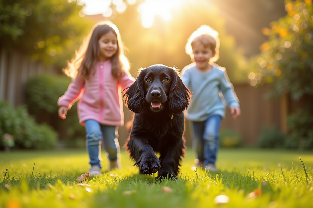 Enfants jouant avec un cocker spaniel dans le jardin