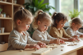 Jeunes enfants en activité Montessori dans une classe calme