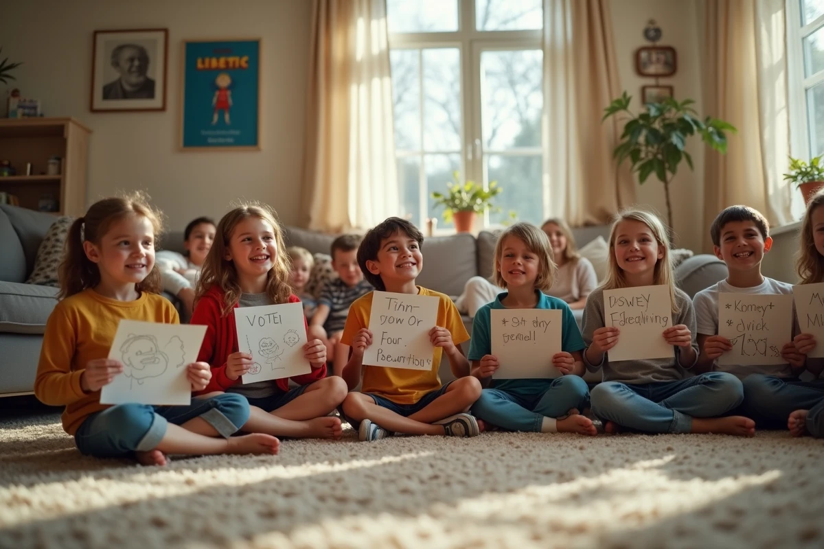 Enfants jouant et votant avec cartes dessinées