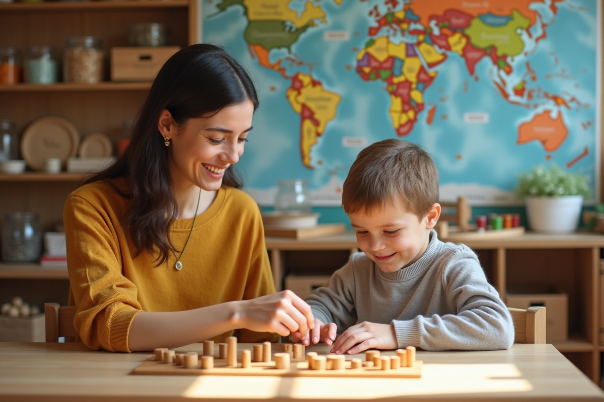 Une enseignante aide un enfant avec des matériaux Montessori