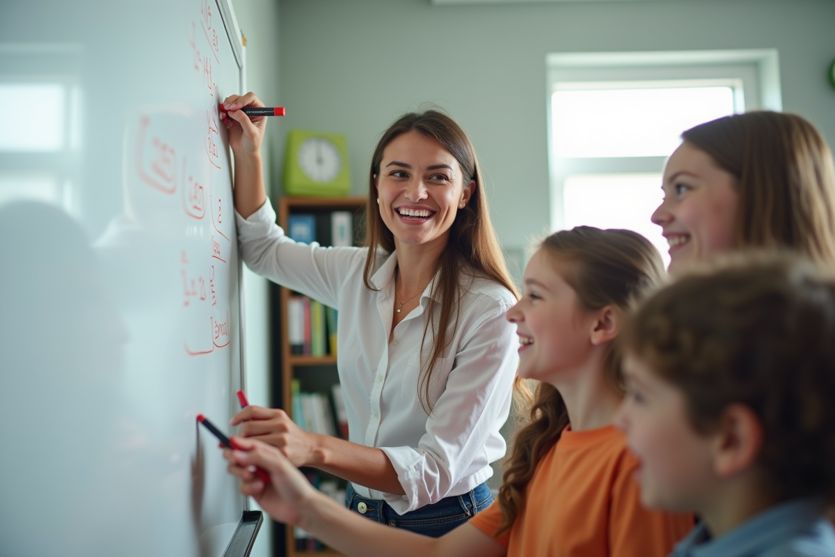 Une enseignante aide des élèves à résoudre des problèmes de maths