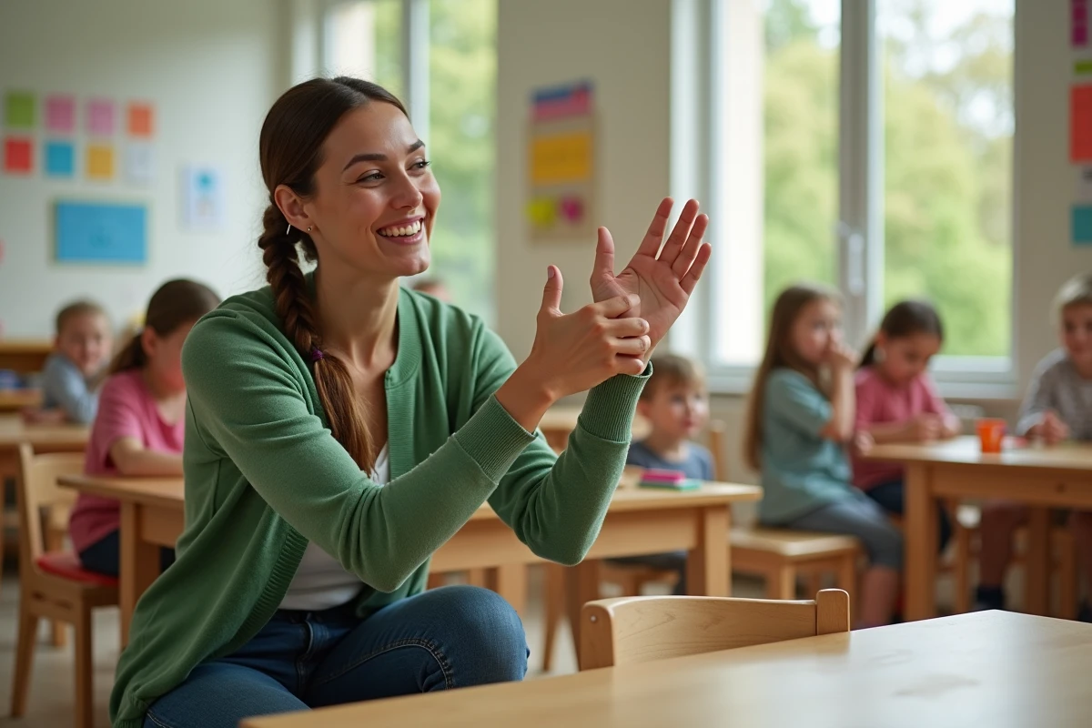Enseignante montrant les gestes de Petit escargot aux enfants