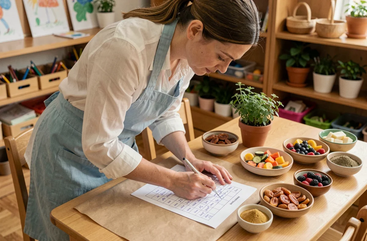 Enseignante évaluant une activité manuelle sensorielle sur la semaine du goût avec une grille d'évaluation imprimée posée sur une table en bois entourée d'échantillons alimentaires colorés